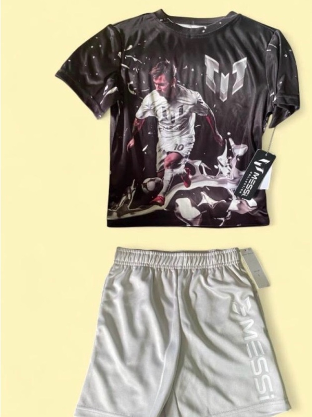 Kids Black Graphic Soccer Tee & Light Gray Shorts Matching Set